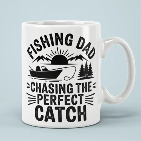 Black fishing graphic and outdoors scenery print on a white ceramic coffee mug.