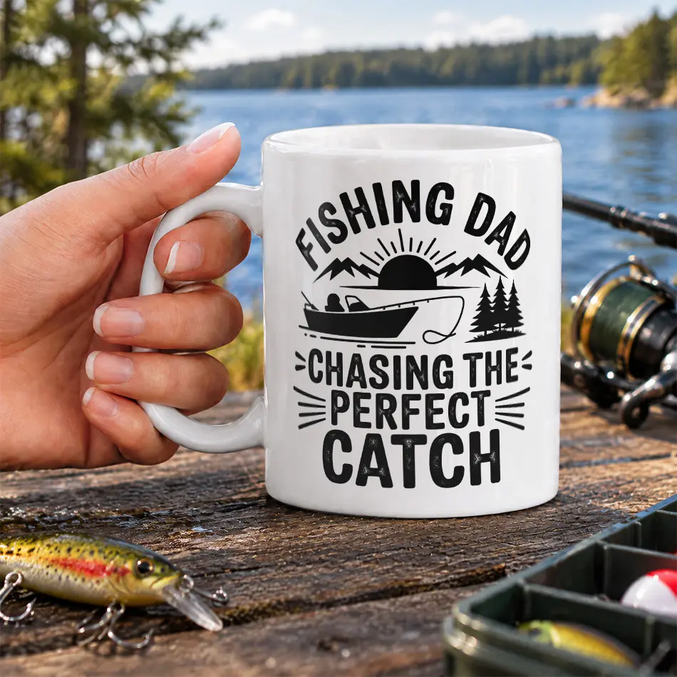 White ceramic mug featuring black fishing boat silhouette and mountain artwork with outdoor typography on a lake dock.