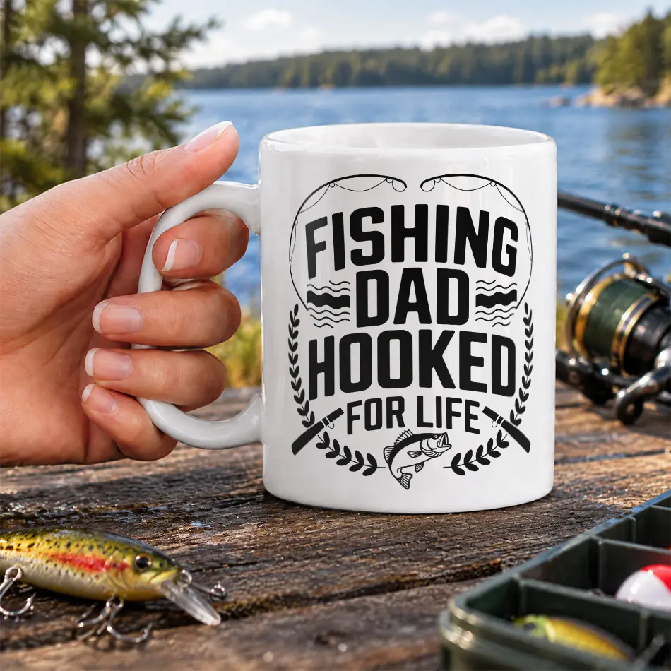White ceramic mug with black text reading Fishing Dad Hooked For Life framed by fishing gear graphics.