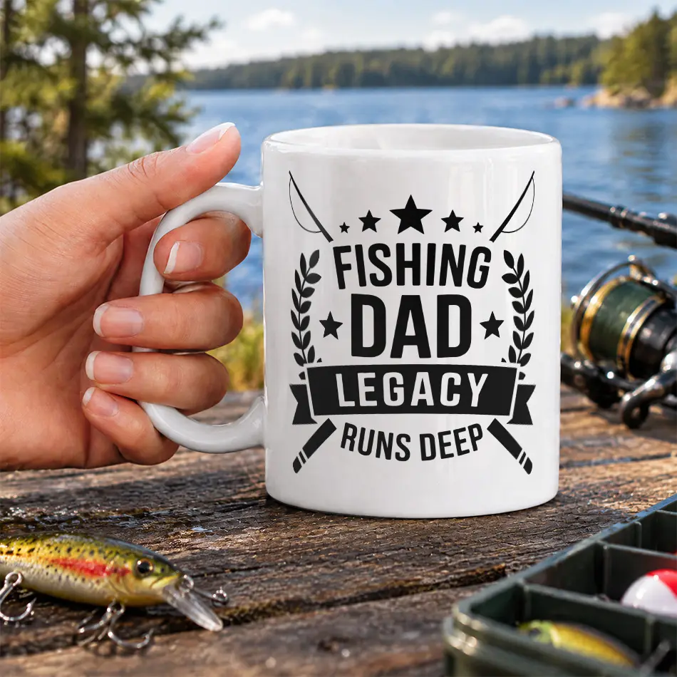 White ceramic coffee mug printed with black Fishing Dad Legacy Runs Deep graphic and fishing rods.