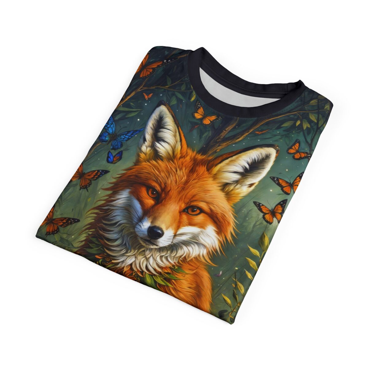 All over print sublimation tee featuring a detailed fox face and orange and blue butterflies in a dark forest scene.