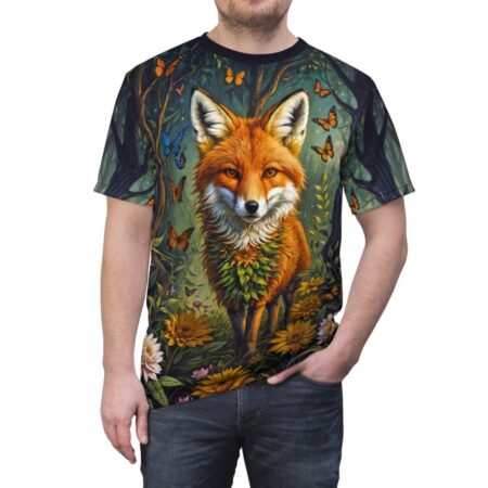 All over print sublimation tee featuring a detailed fox in a vibrant forest with butterflies and flowers, wrap around graphic design.