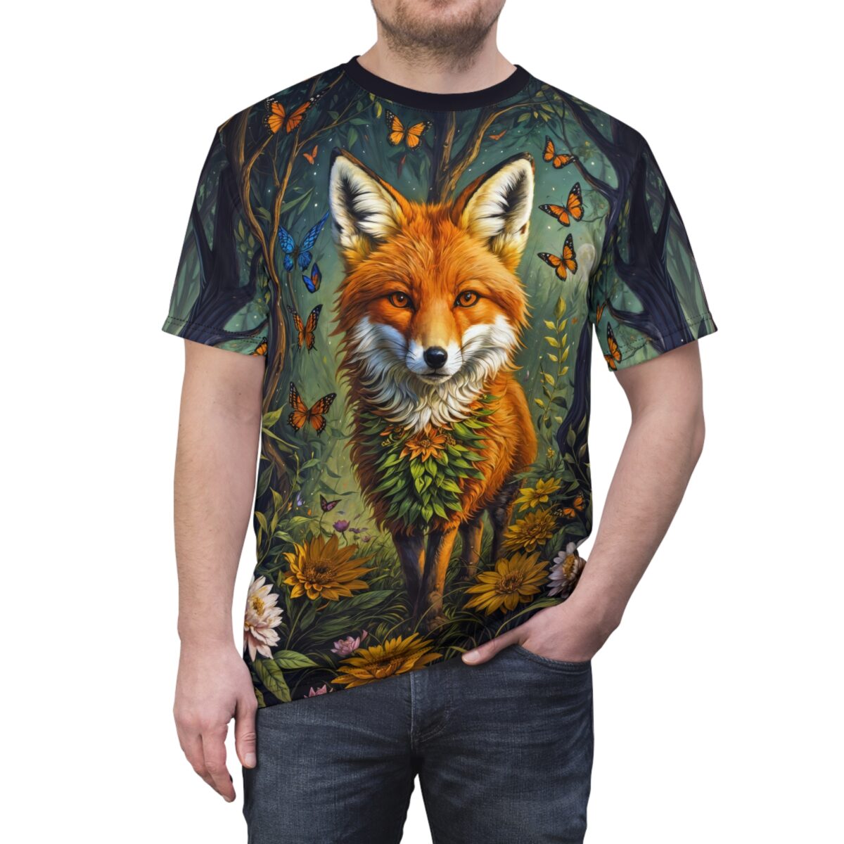 All over print sublimation tee featuring a detailed fox in a vibrant forest with butterflies and flowers, wrap around graphic design.