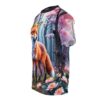 Fox in a mystical forest with pink blossoms and water lilies, women's all over print sublimation tee.