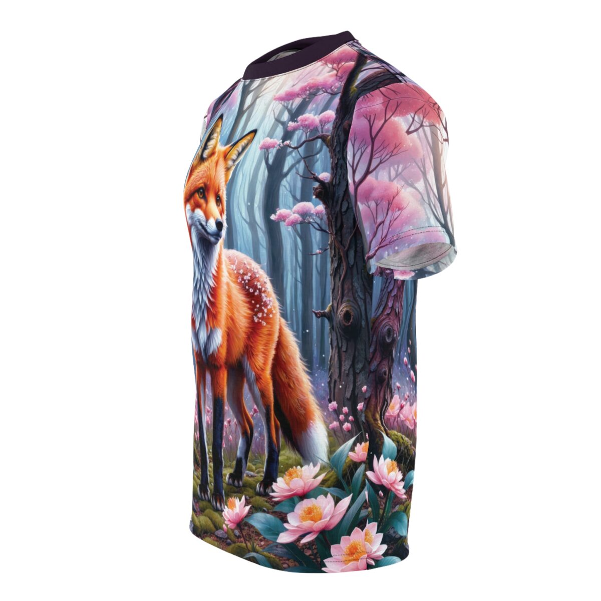 Fox in a mystical forest with pink blossoms and water lilies, women's all over print sublimation tee.