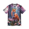 All over print sublimation tee featuring a realistic fox standing in a magical forest with pink cherry blossoms and vibrant flowers.