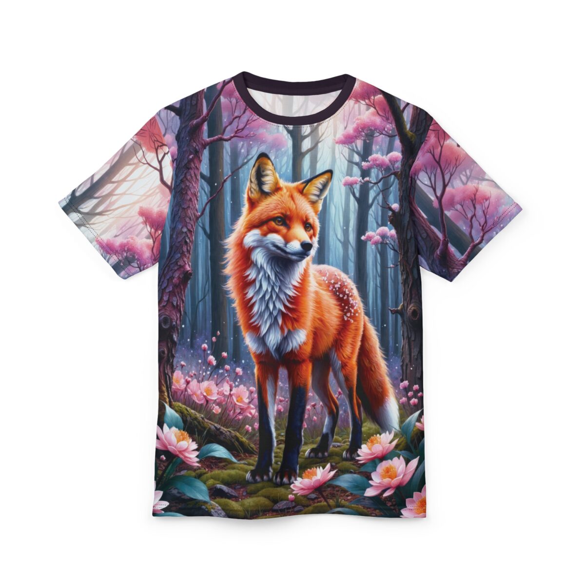All over print sublimation tee featuring a realistic fox standing in a magical forest with pink cherry blossoms and vibrant flowers.
