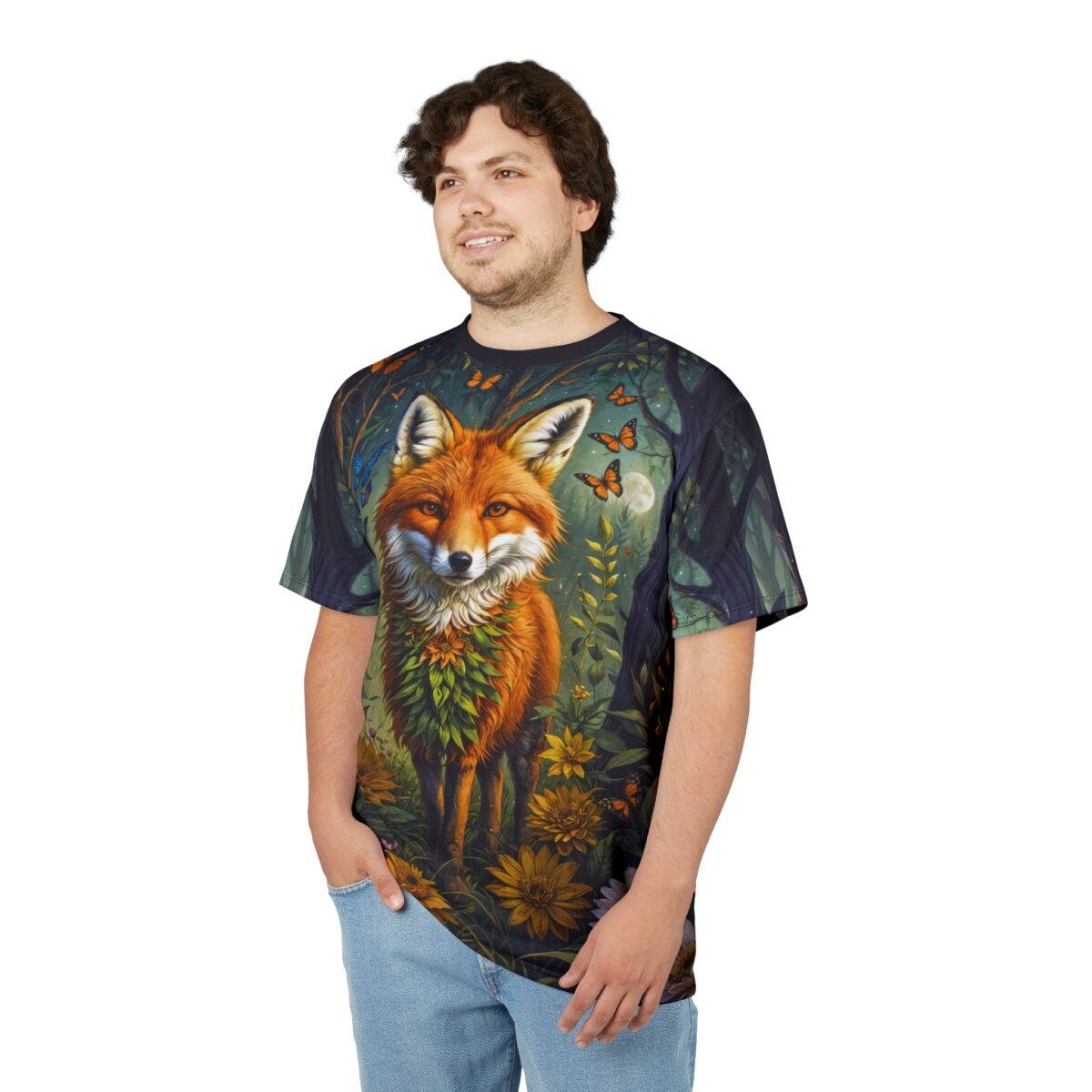 All over print sublimation tee featuring a detailed fox in a moonlit forest with butterflies and flowers.