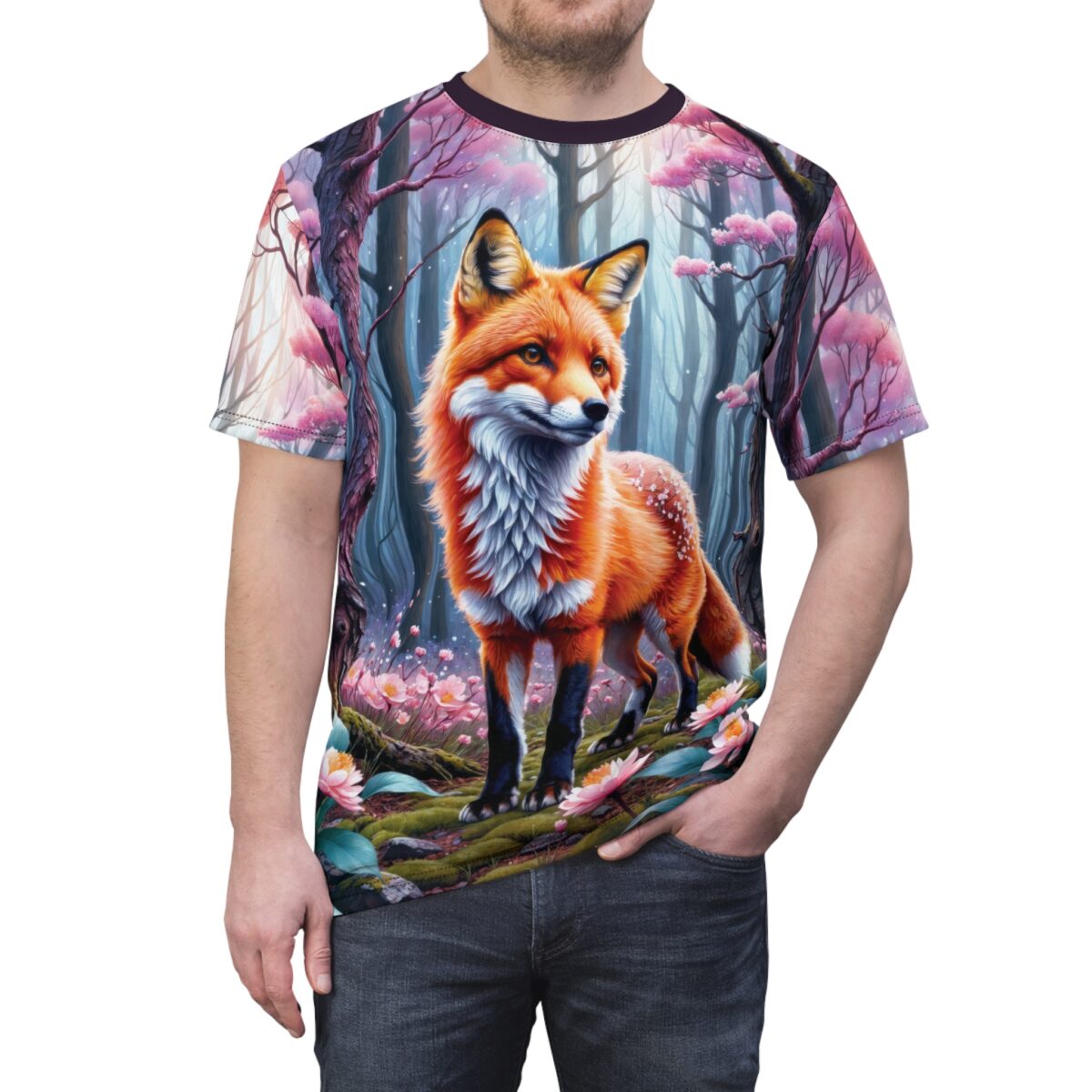 Orange fox standing in a magical forest with pink cherry blossoms, all over print sublimation tee.
