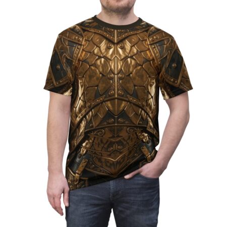 Gold knight armor all over print sublimation tee features intricate metal plating and dark accents for a fantasy, streetwear aesthetic.