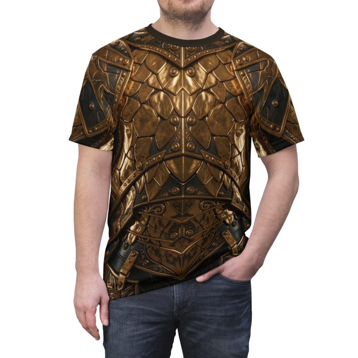Gold knight armor all over print sublimation tee features intricate metal plating and dark accents for a fantasy, streetwear aesthetic.