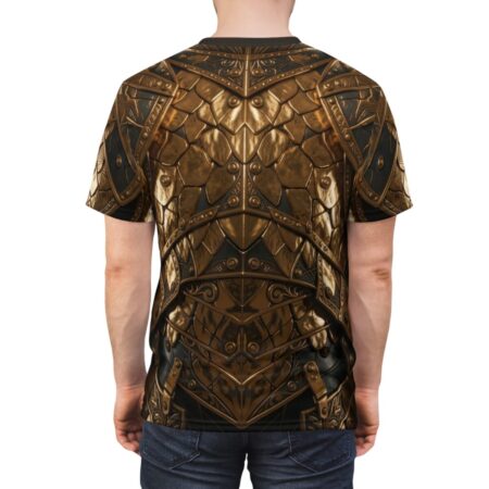 Gold medieval armor all over print sublimation tee featuring a detailed, realistic metallic scale and plate design with ornate detailing.