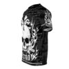 Men's sublimation tee featuring a distressed graphic of a skull with flames and a rifle, surrounded by distressed text and stars.