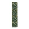Green runner featuring a vintage holly leaf and berry pattern with gold accents and red berries.