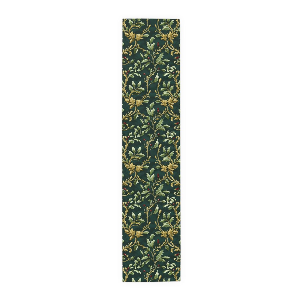 Green runner featuring a vintage holly leaf and berry pattern with gold accents and red berries.