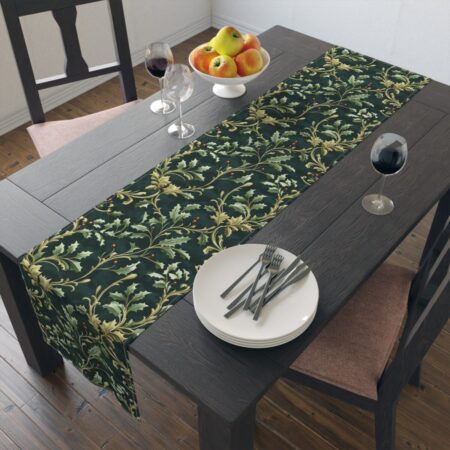 Festive dark green table runner with a vintage holly leaf and berry pattern, perfect for holiday dining.