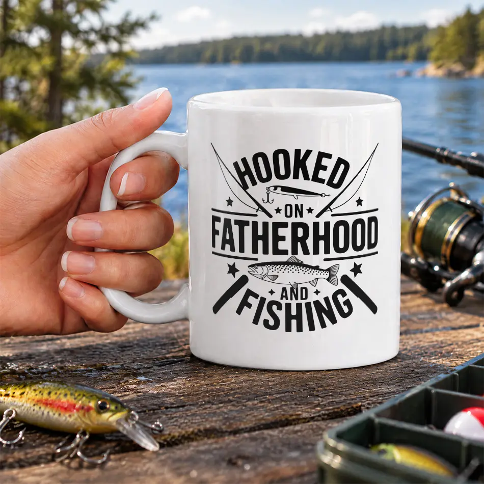 White ceramic mug printed with black text reading Hooked On Fatherhood And Fishing alongside fish graphics and fishing rods.