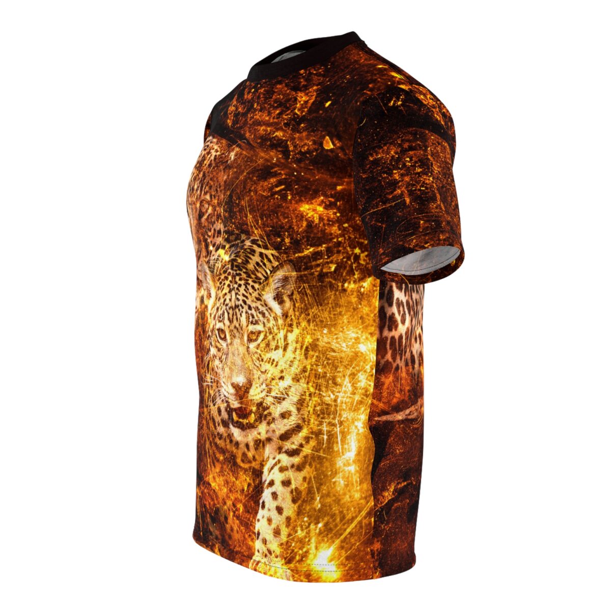 All over print sublimation tee featuring a fierce jaguar face surrounded by fire and abstract grunge textures in warm orange and black tones.