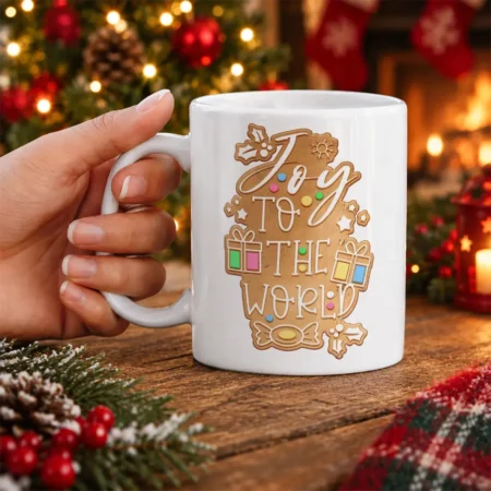White ceramic coffee mug decorated with a gingerbread cookie reading Joy To The World in white frosted icing.