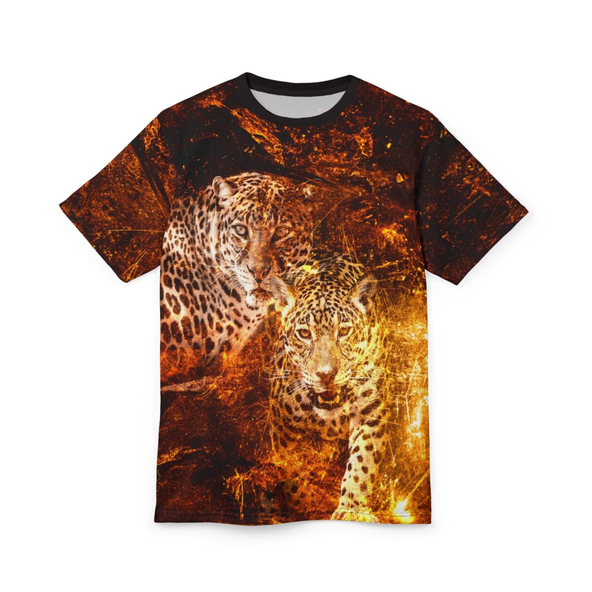 Leopard cubs walking through fire, all over print sublimation tee with seamless wrap around graphic.