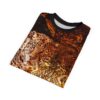 All over print sublimation tee featuring a fierce leopard face graphic with a fiery, molten background design.