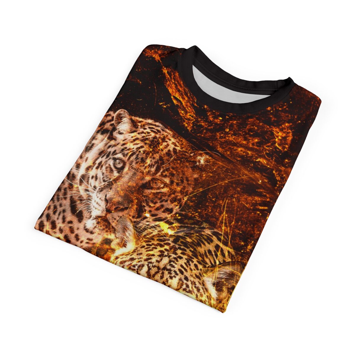 All over print sublimation tee featuring a fierce leopard face graphic with a fiery, molten background design.