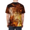 All over print sublimation tee featuring two fierce leopards surrounded by a fiery, crackling grunge graphic pattern.