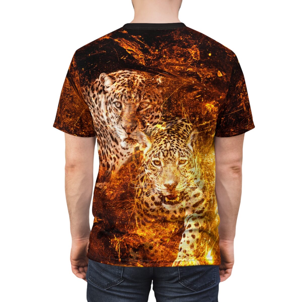All over print sublimation tee featuring two fierce leopards surrounded by a fiery, crackling grunge graphic pattern.