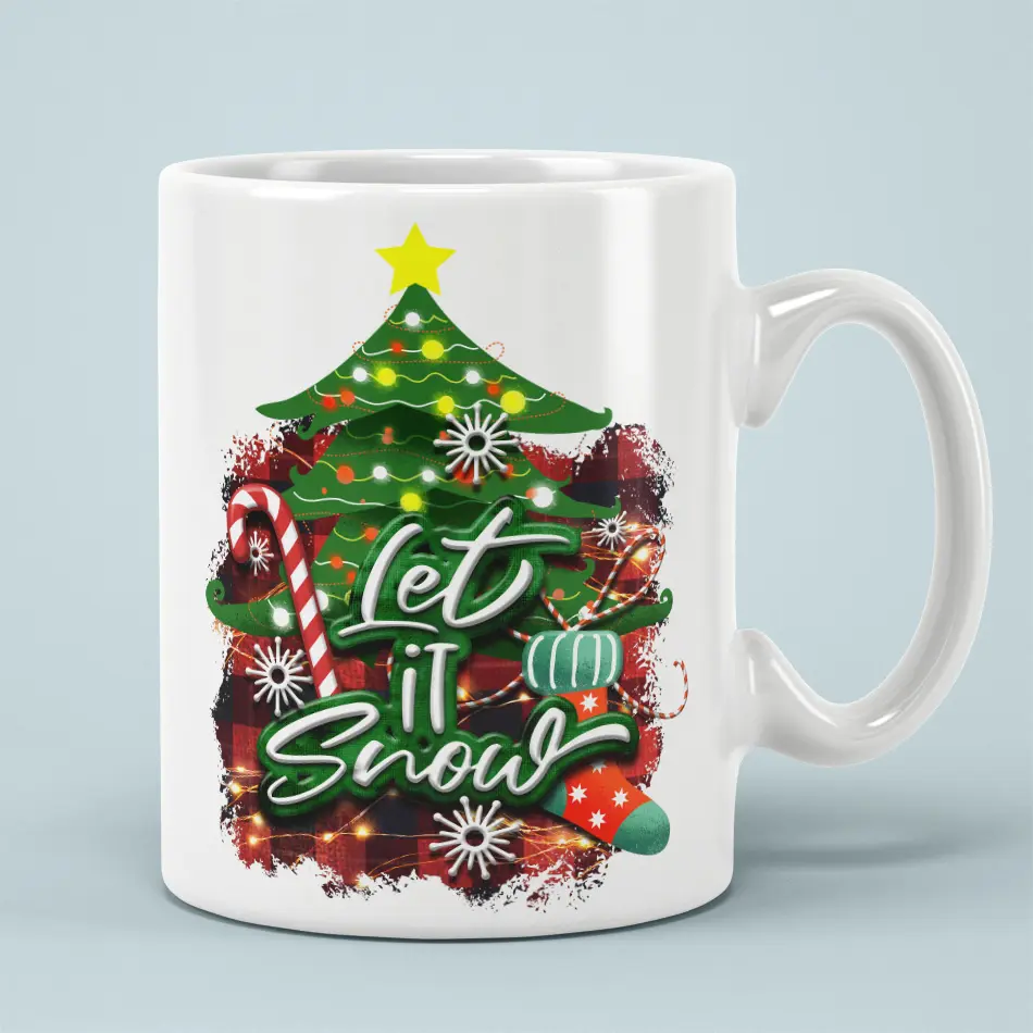 Let It Snow Christmas tree ceramic mug featuring red plaid background, candy cane, and snowflakes.
