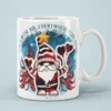 Buffalo plaid gnome holding hearts on a white ceramic mug with blue starry backdrop and romantic text graphic.