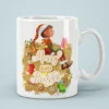 Merry and Bright white ceramic mug featuring a cute Christmas elf holding a present with holiday stockings.