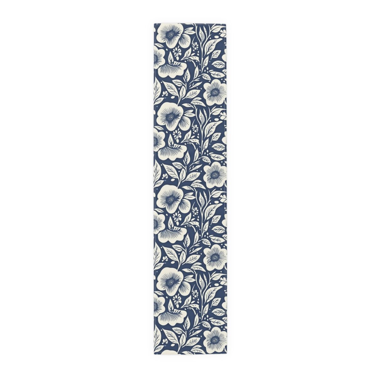 Navy blue fabric runner featuring a vintage floral pattern with cream-colored flowers and leaves.