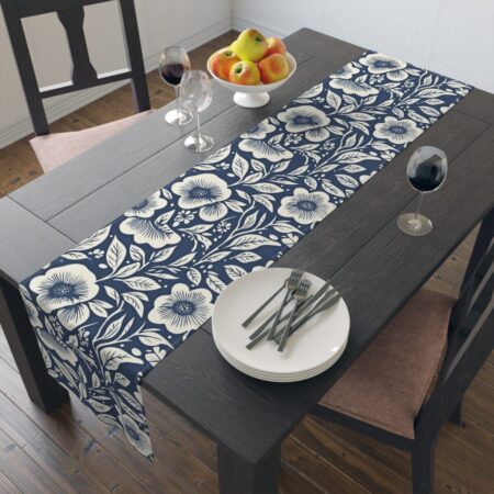 Navy and cream floral table runner with botanical print featuring large open flowers and leaves, perfect for vintage-inspired decor.