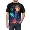 Neon jellyfish and aquatic life sublimation tee, featuring a trippy festival aesthetic with vibrant glowing colors and a dark, cosmic background.
