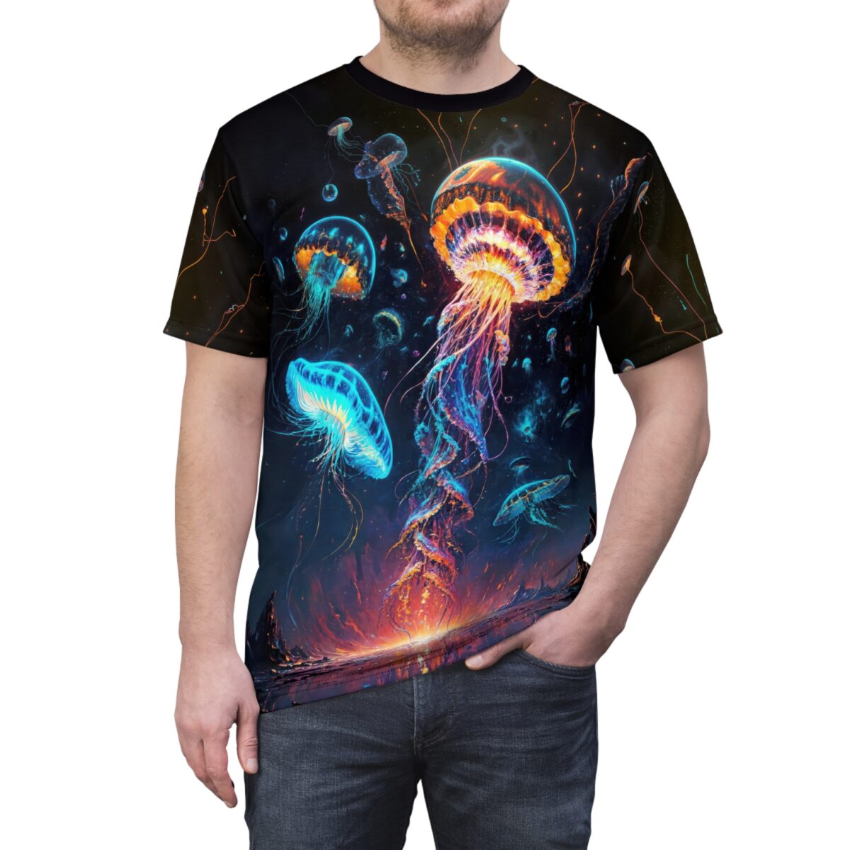 Neon jellyfish and aquatic life sublimation tee, featuring a trippy festival aesthetic with vibrant glowing colors and a dark, cosmic background.