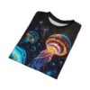 All over print sublimation tee featuring vibrant neon jellyfish and cosmic background.