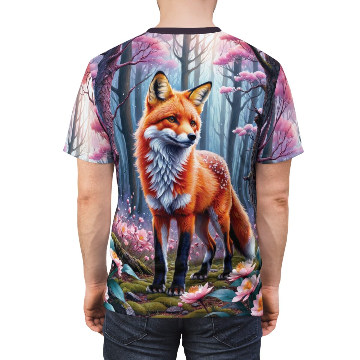 Vibrant orange fox stands in a magical forest with pink cherry blossoms and glowing flora, an all over print sublimation tee.