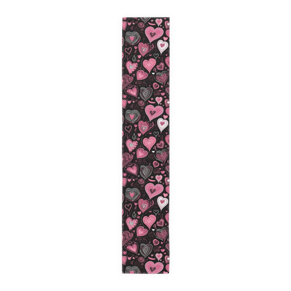 Black table runner featuring a seamless pattern of pink and white hearts in various styles.