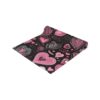 Black fabric with an all over print of pink and white hearts, doodles, and swirls. Seamless sublimation print design.