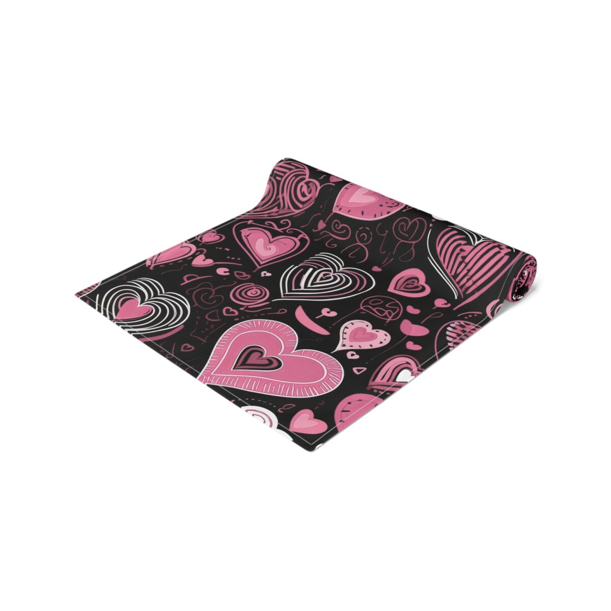 Black fabric with an all over print of pink and white hearts, doodles, and swirls. Seamless sublimation print design.