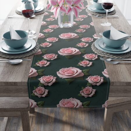 Dark floral table runner featuring a repeating pattern of pink roses and green leaves.