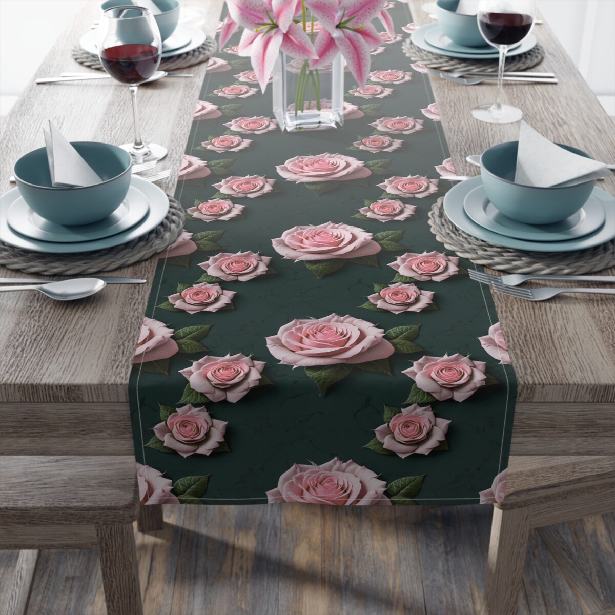 Dark floral table runner featuring a repeating pattern of pink roses and green leaves.