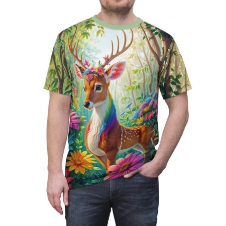 All over print sublimation tee featuring a majestic deer with rainbow mane adorned with flowers in a vibrant forest setting with colorful blooms.