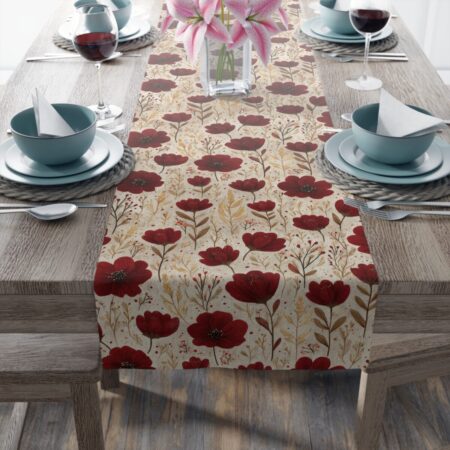 Red floral and botanical pattern table runner featuring a vintage aesthetic on a neutral background.