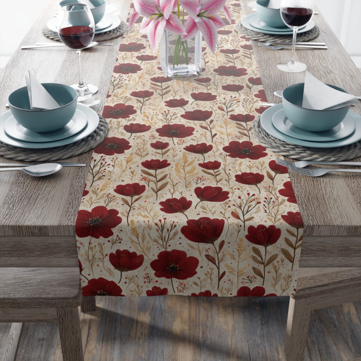 Red floral and botanical pattern table runner featuring a vintage aesthetic on a neutral background.
