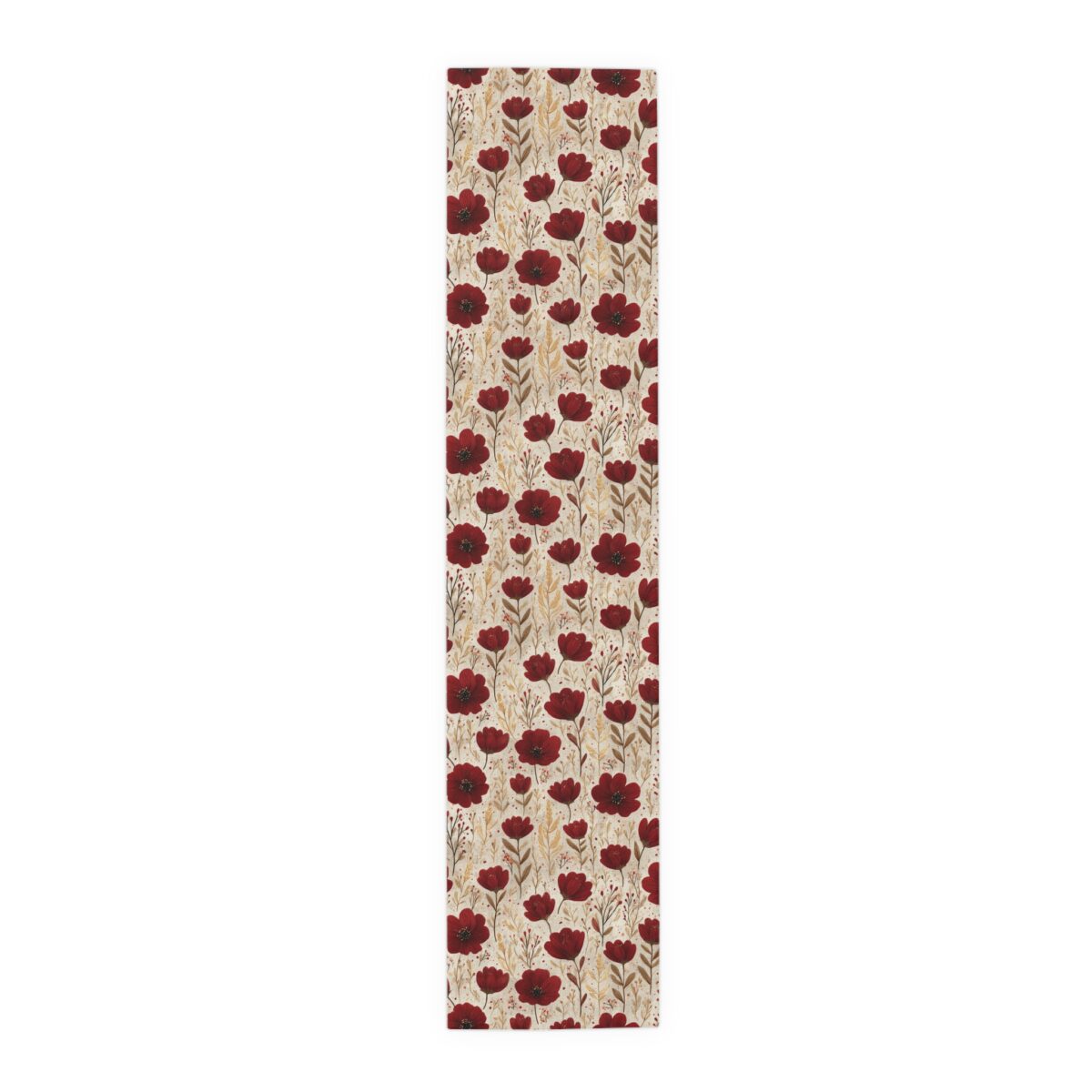 Red poppy floral pattern table runner with golden wheat accents on a beige background.