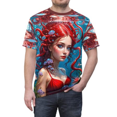 All over print sublimation tee featuring a red-haired mermaid with tentacles and jellyfish in a vibrant underwater scene.