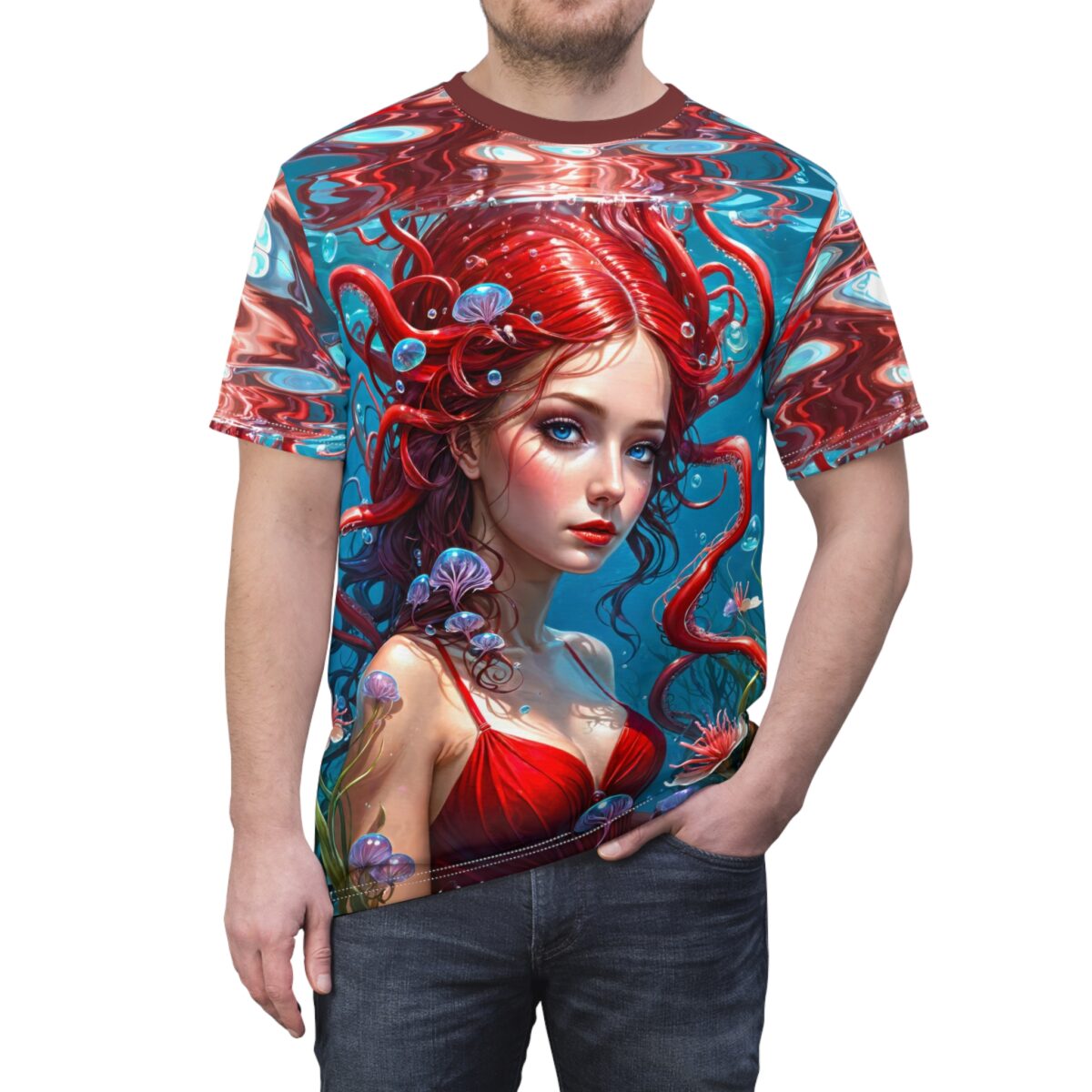All over print sublimation tee featuring a red-haired mermaid with tentacles and jellyfish in a vibrant underwater scene.
