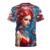 Sublimation tee featuring a red-haired mermaid with blue eyes, surrounded by red tentacles and glowing jellyfish in a deep blue underwater scene.