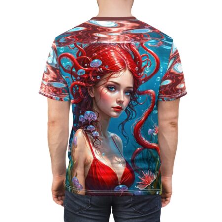 All over print sublimation tee featuring a detailed portrait of a red-haired mermaid with blue eyes underwater, surrounded by tentacles and aquatic flora.